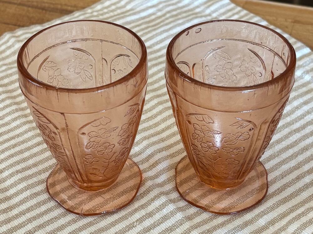 Vintage 1930s Jeannette Cherry Blossom Pink Depression Glass Footed Tumblers Set